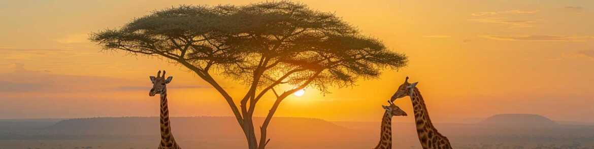 Tall beautiful giraffe walking in African savannah at sunset.