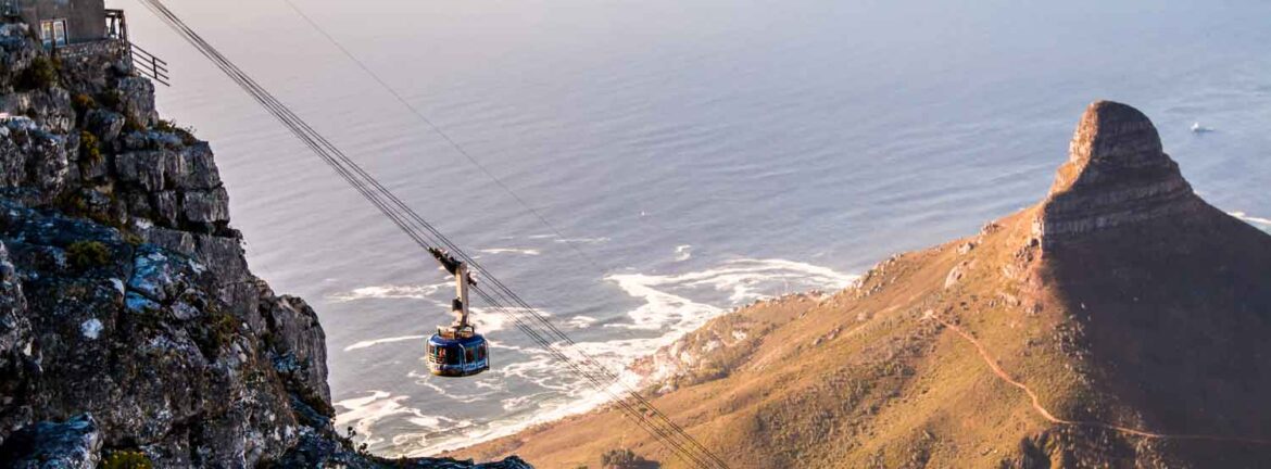 Table Mountain cable car descending with panoramic ocean views